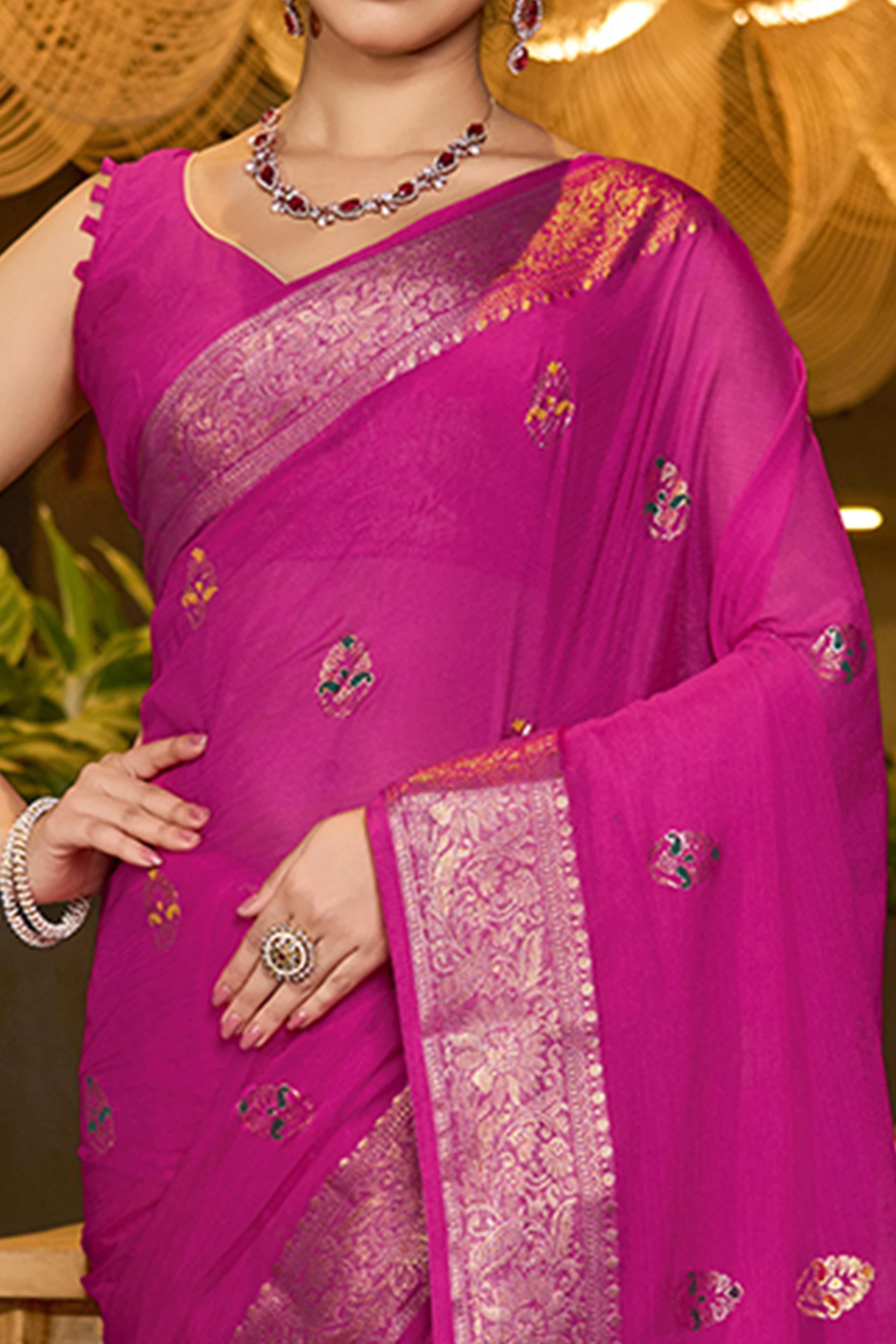 Make A Regal Statement In Pink Floral Woven Chinon Silk Saree