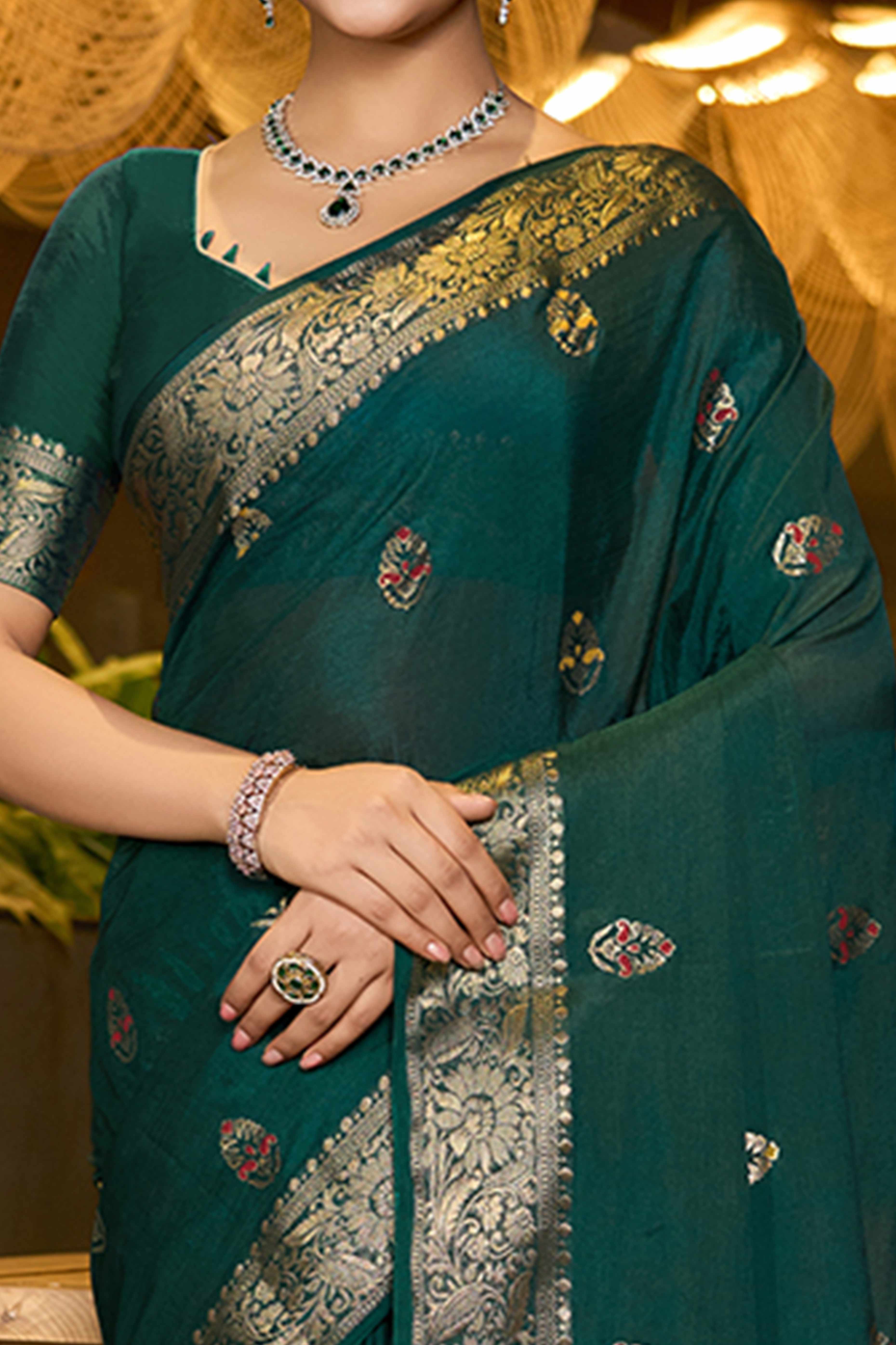 Experience Timeless Beauty With Green Floral Woven Chinon Silk Saree
