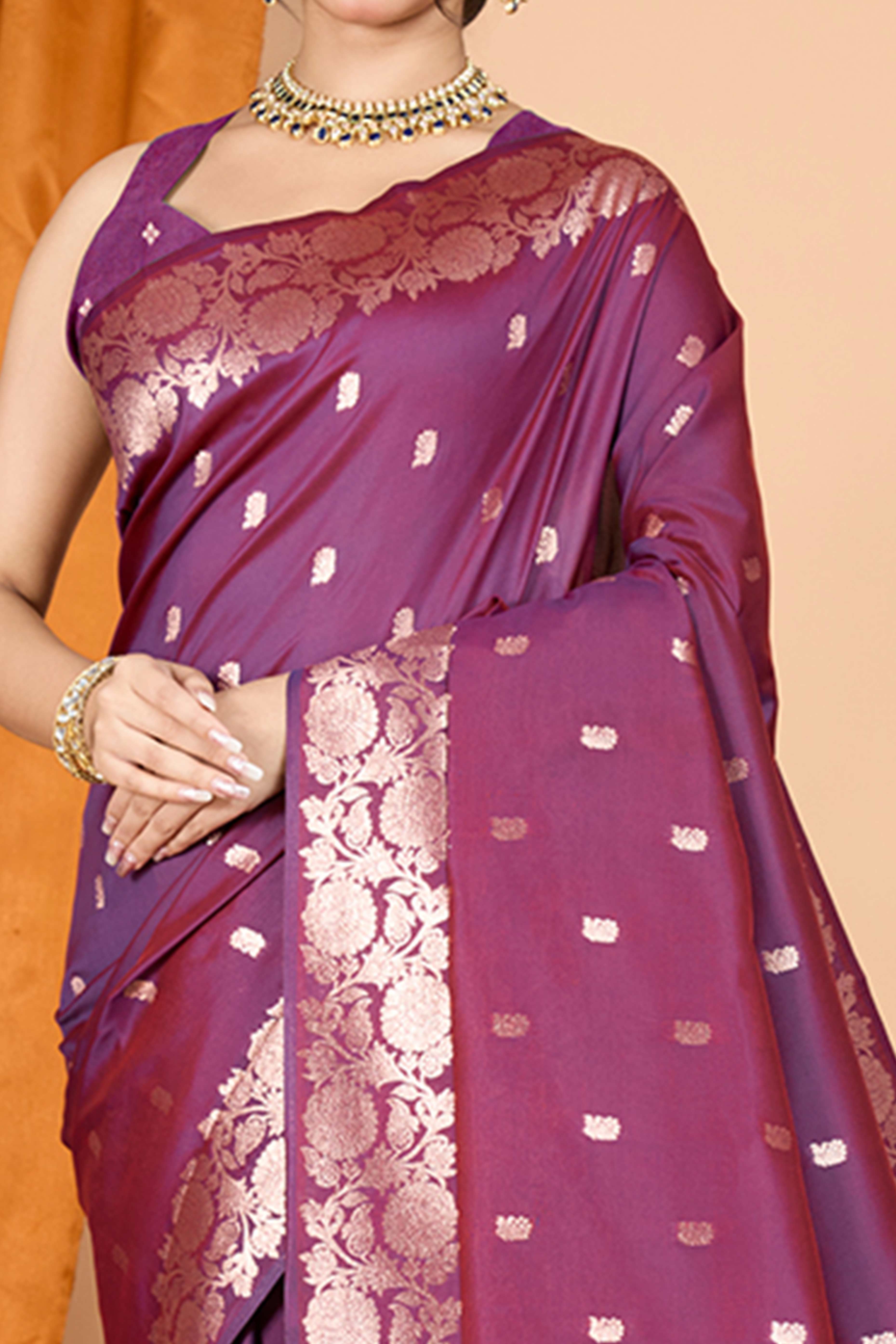 Wine Banarasi Silk Saree With Intricate Floral Zari Weaving