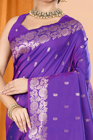 Violet Banarasi Silk Saree With Intricate Floral Zari Weaving