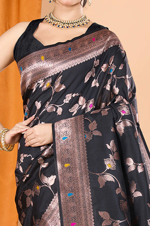 Black Banarasi Silk Saree With Exquisite Floral Zari Weaving and Elegant Tassels