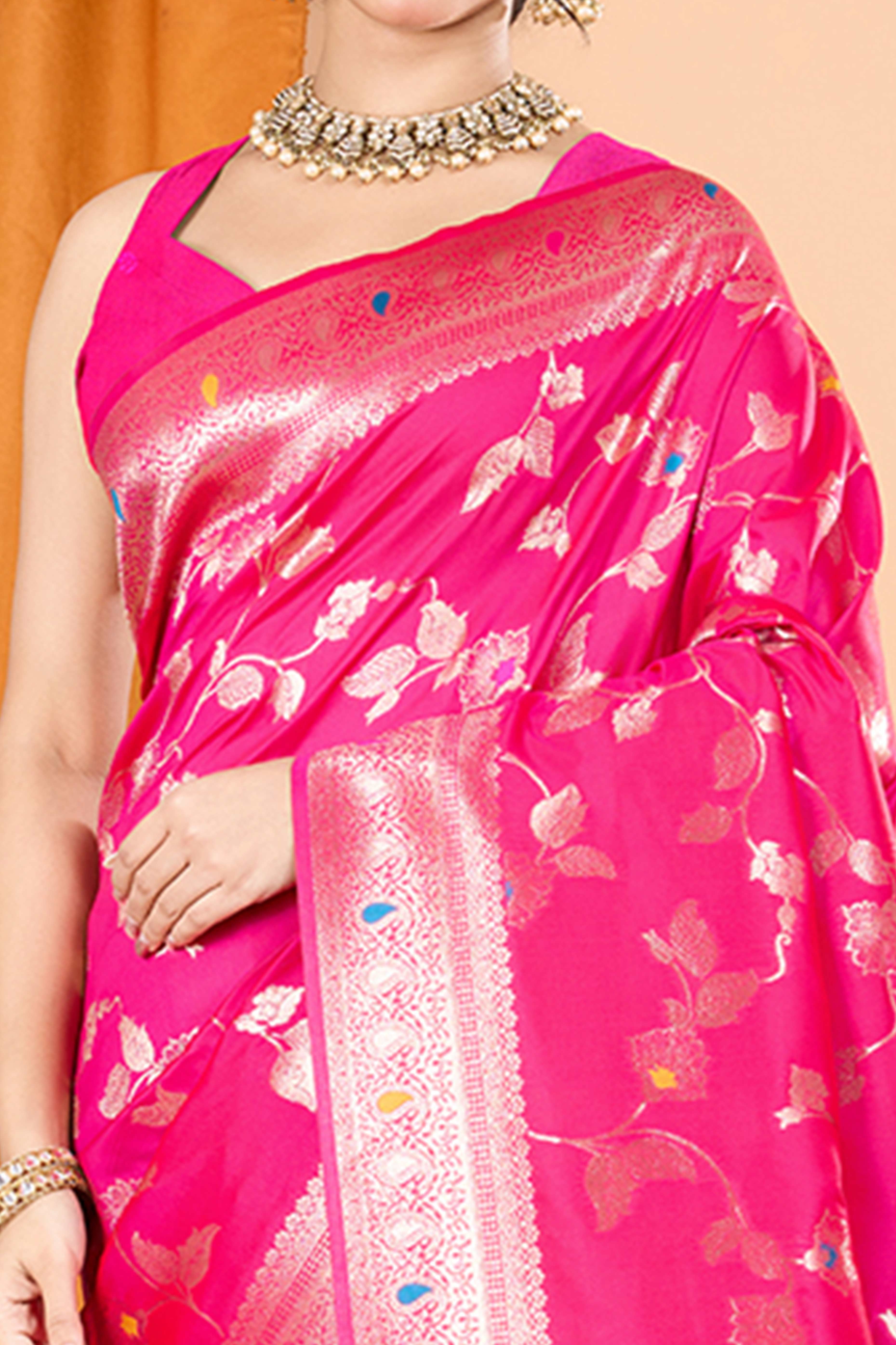 Pink Banarasi Silk Saree With Exquisite Floral Zari Weaving and Elegant Tassels