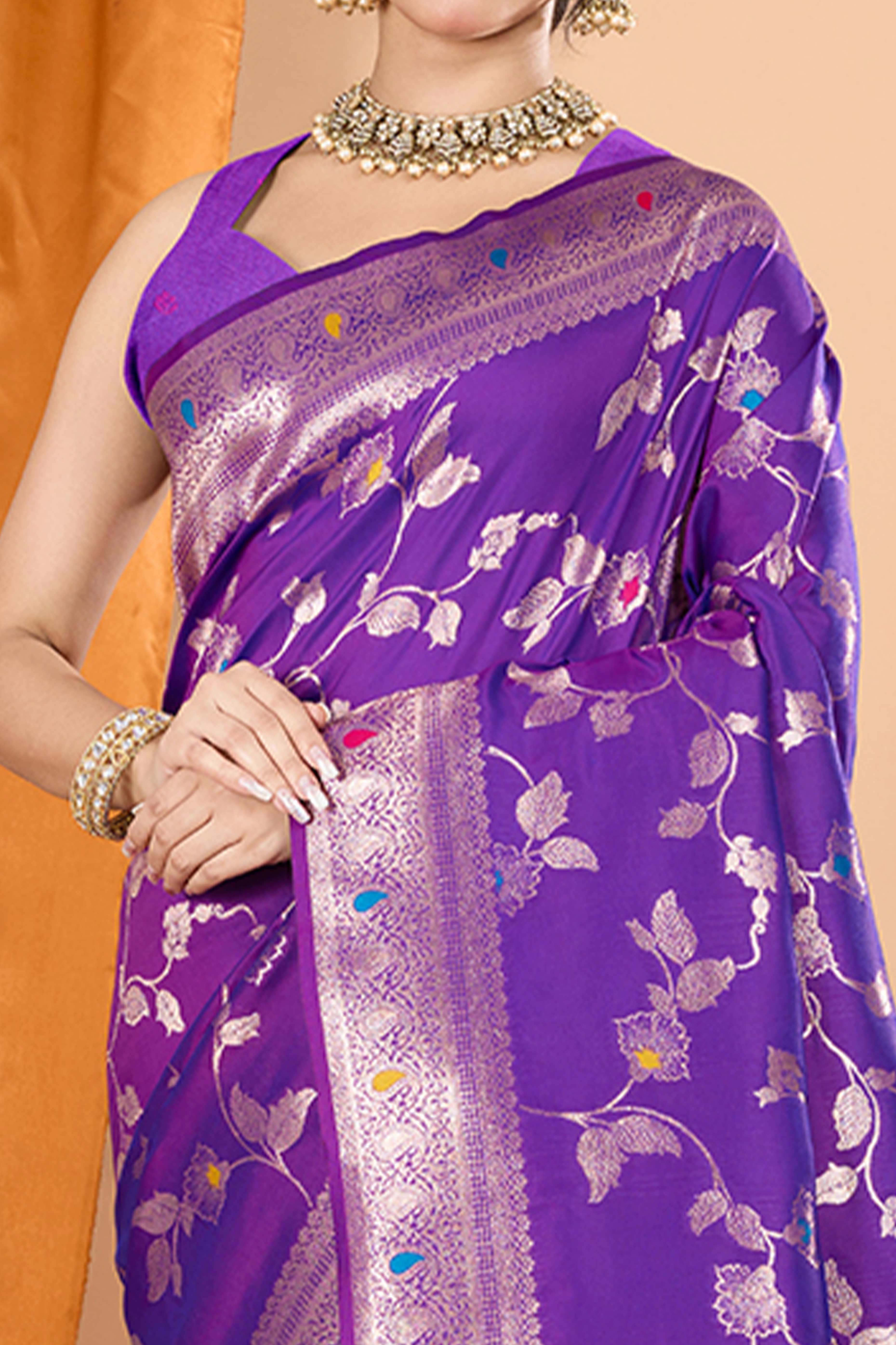 Violet Banarasi Silk Saree With Exquisite Floral Zari Weaving and Elegant Tassels