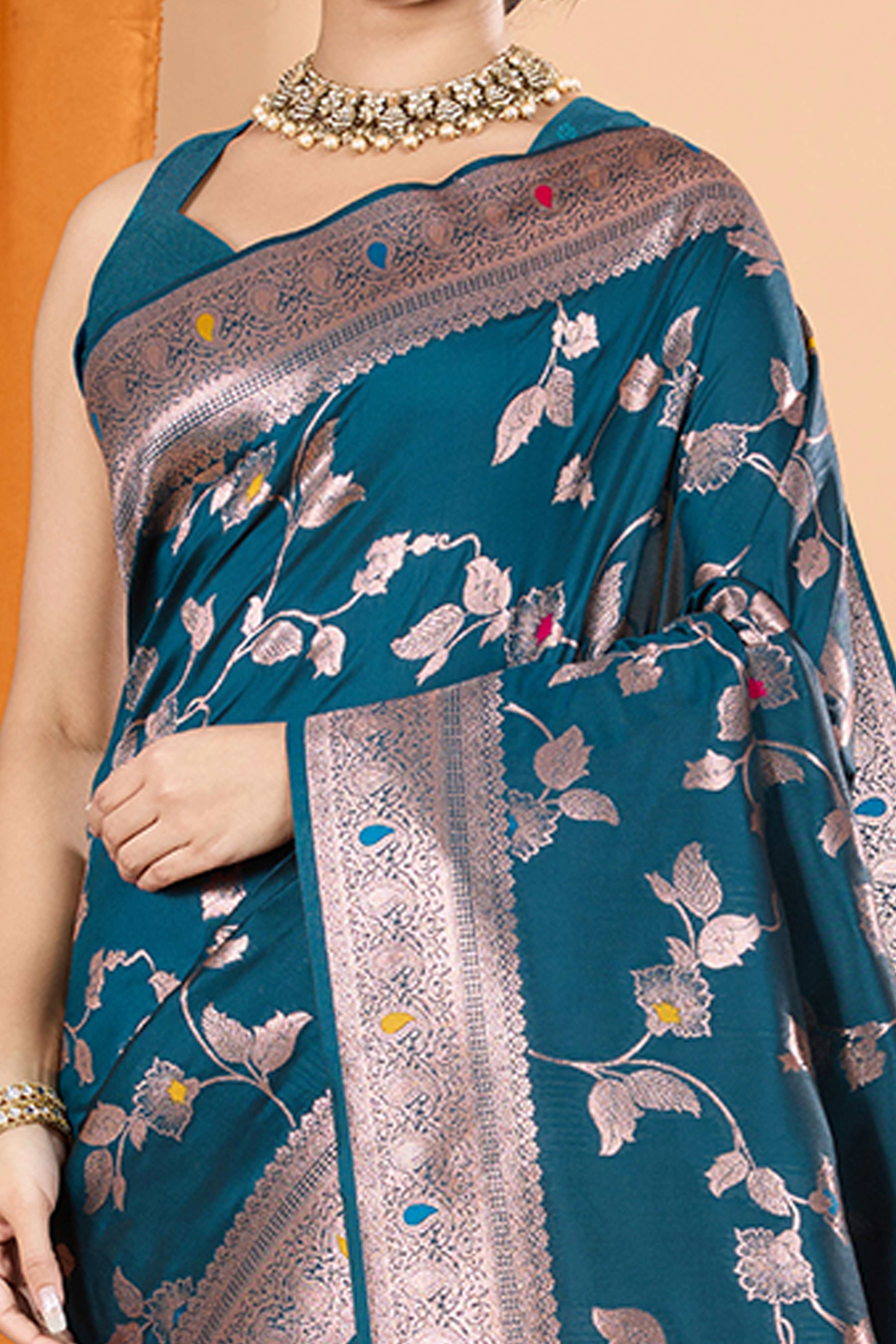 Teal Banarasi Silk Saree With Exquisite Floral Zari Weaving and Elegant Tassels