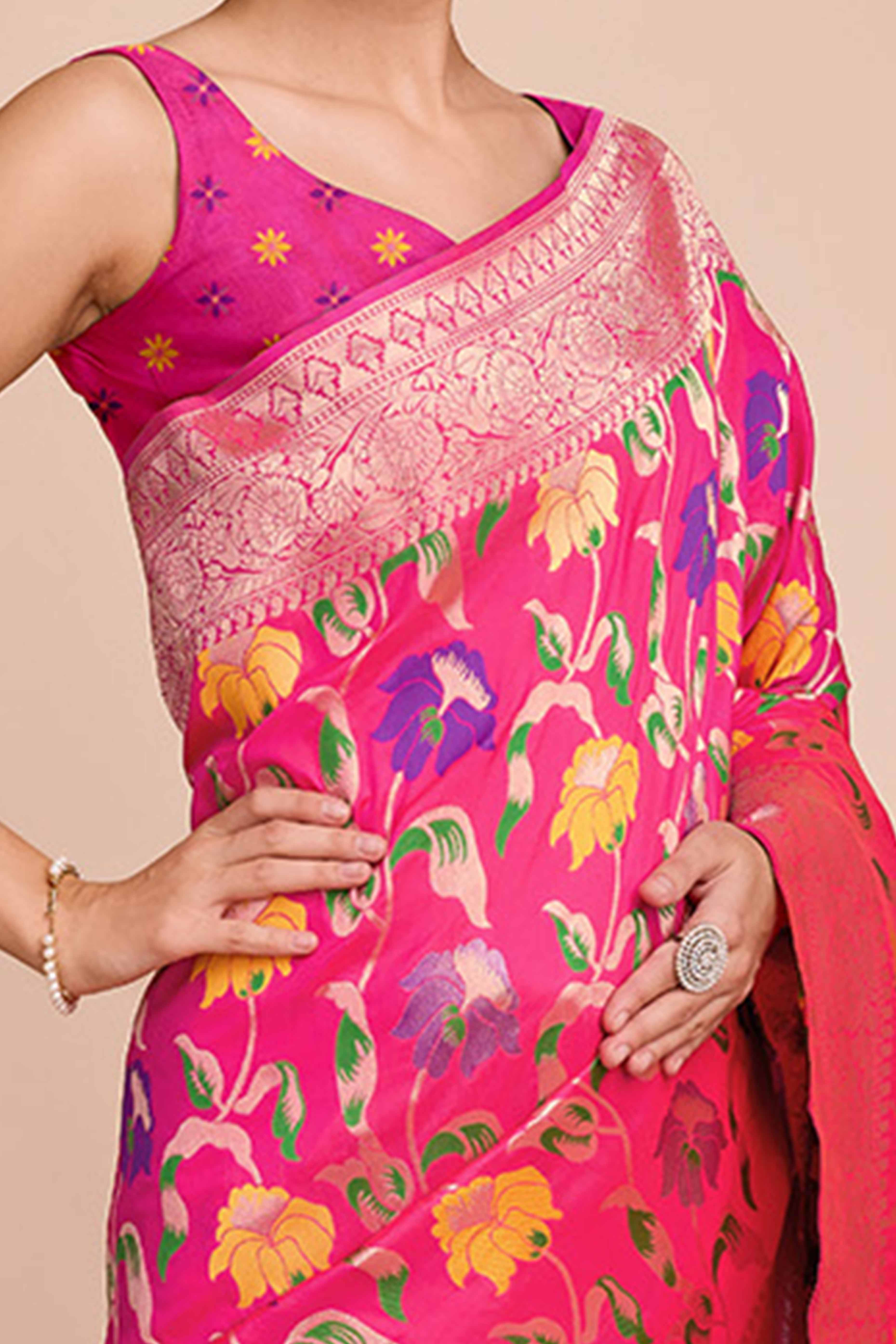 Pink Floral Zari Weaving Pure Silk Paithani Saree