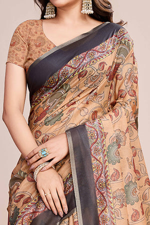 Beige Floral Printed Linen Saree