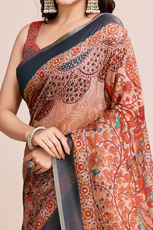 Beige Floral Printed Linen Saree