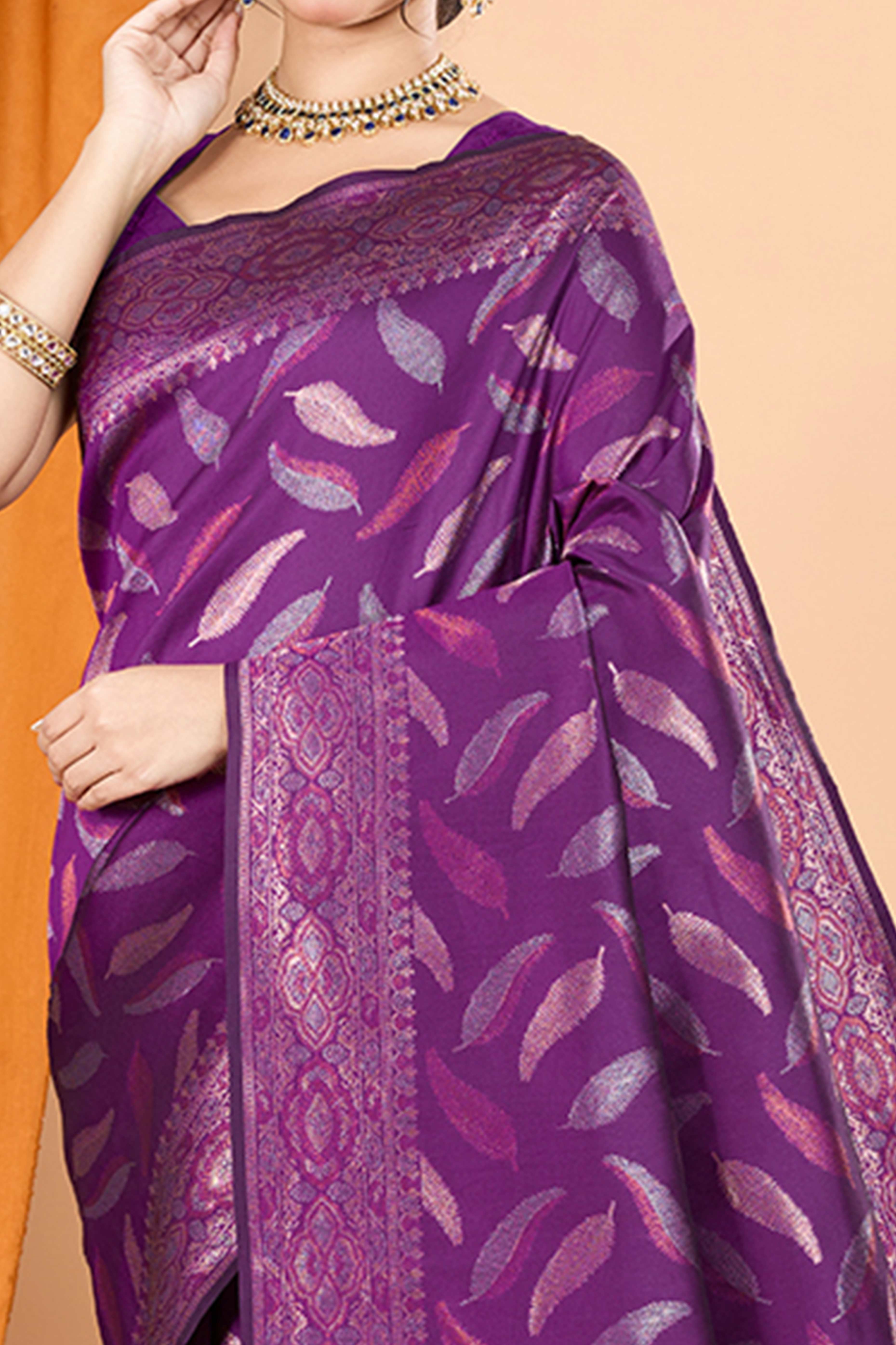 Purple Pure Silk Saree With Intricate Leaf Pattern Zari Weaving & Graceful Tassels