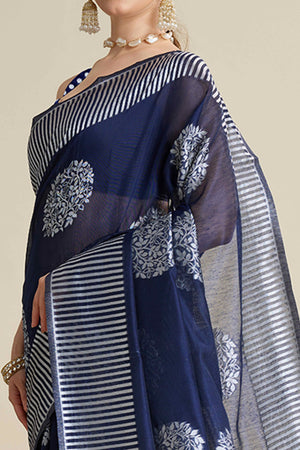 Navy Blue Elegance Soft Cotton Silk Saree with Beautifully Woven Floral Designs