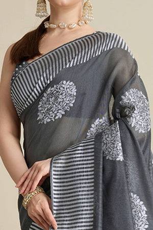Grey Elegance Soft Cotton Silk Saree with Beautifully Woven Floral Designs