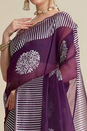 Purple Elegance Soft Cotton Silk Saree with Beautifully Woven Floral Designs