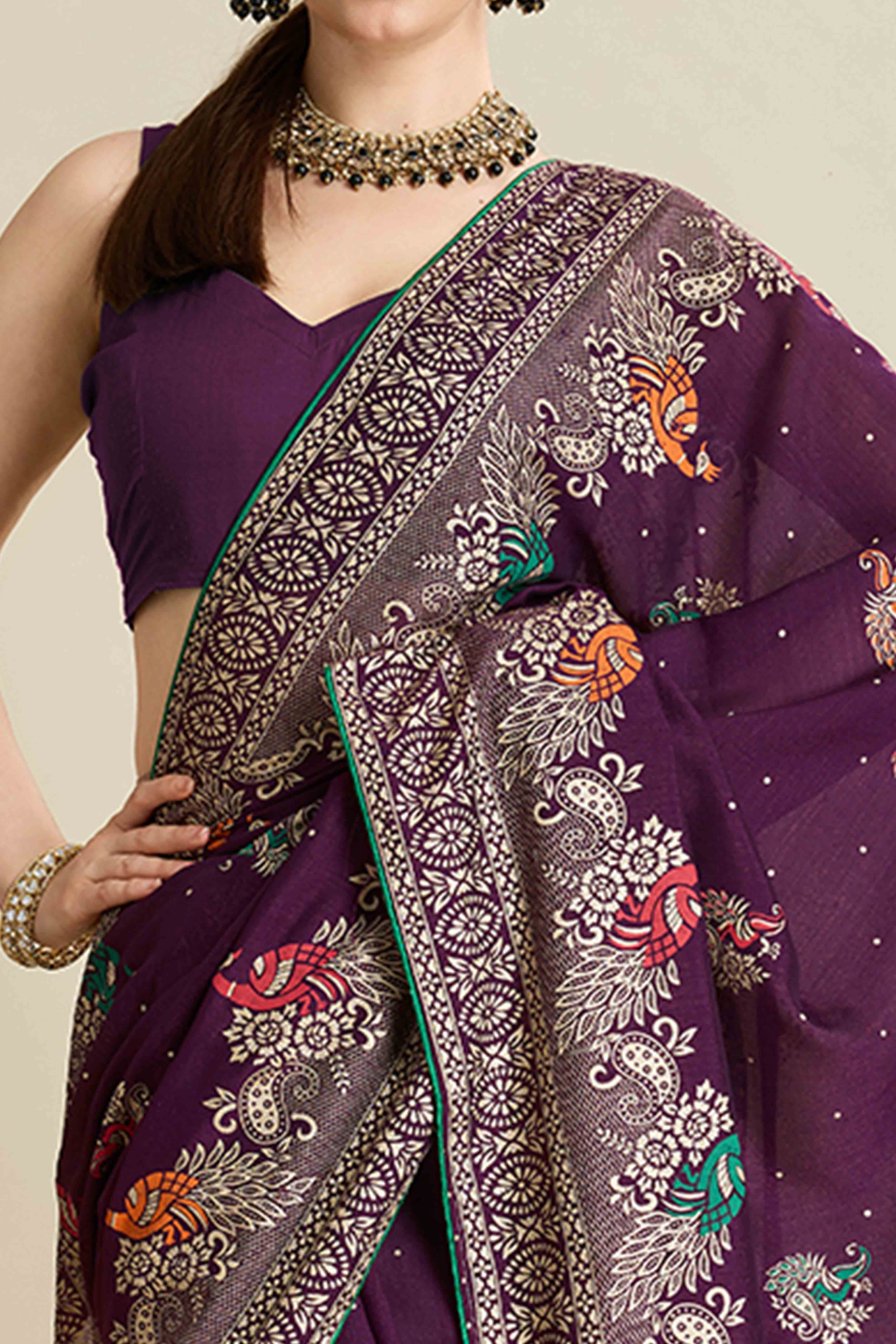 Purple Lightweight Cotton Silk Saree with Delicate Paisley Prints