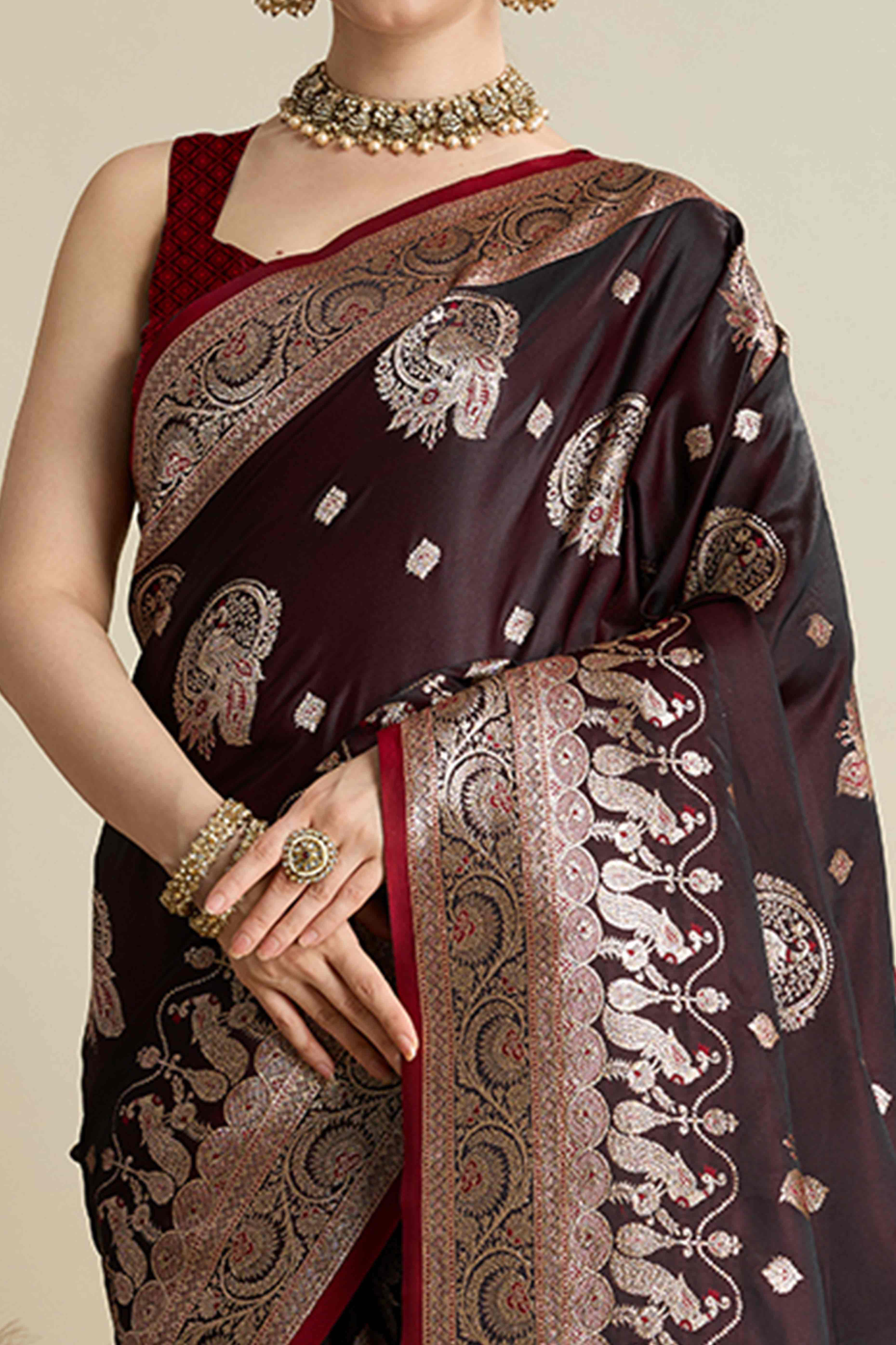 Wine Pure Silk Saree Featuring Traditional Banarasi Zari Weaving Patterns