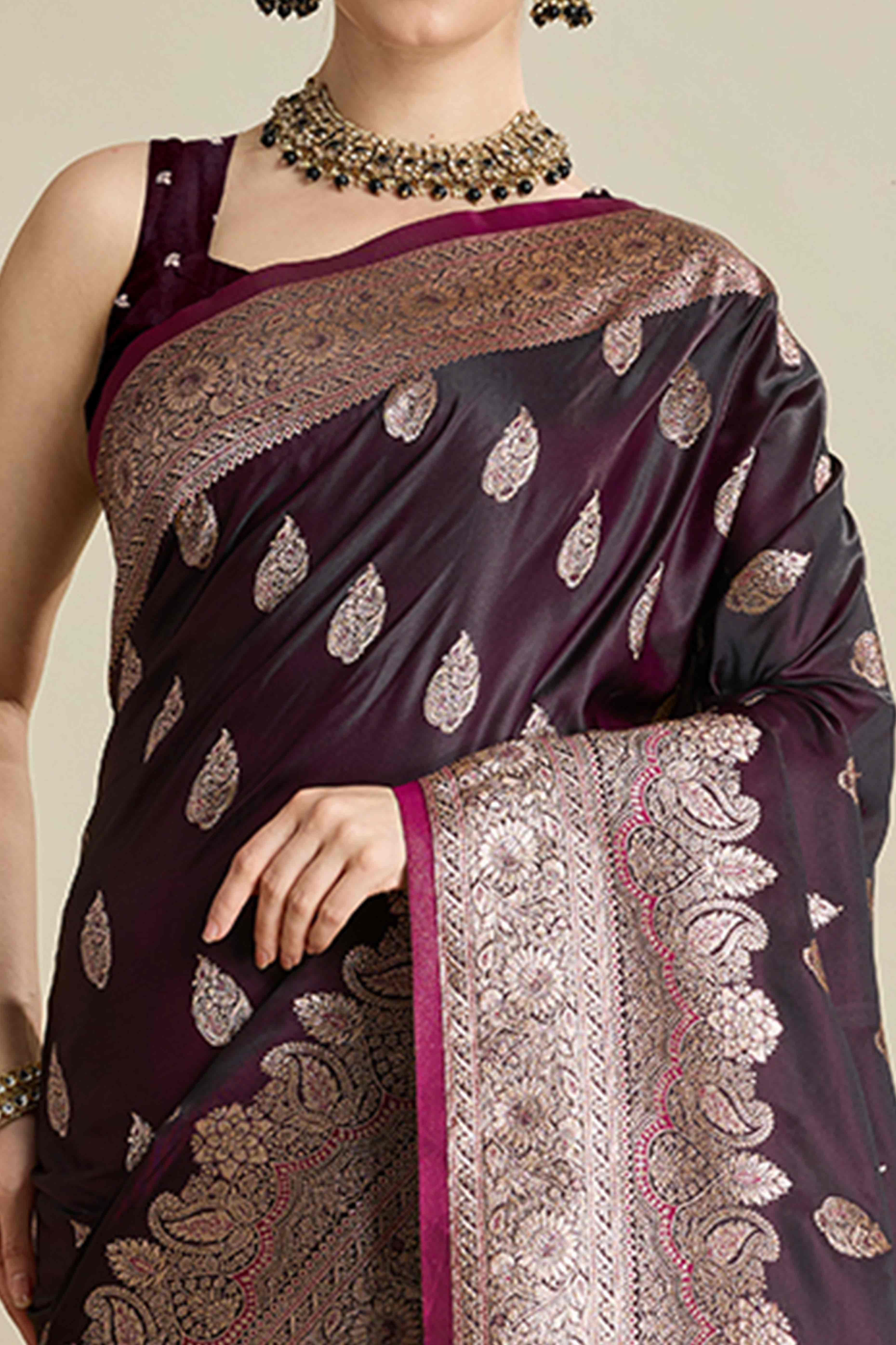 Wine Pure Silk Saree Featuring Traditional Banarasi Zari Weaving Patterns
