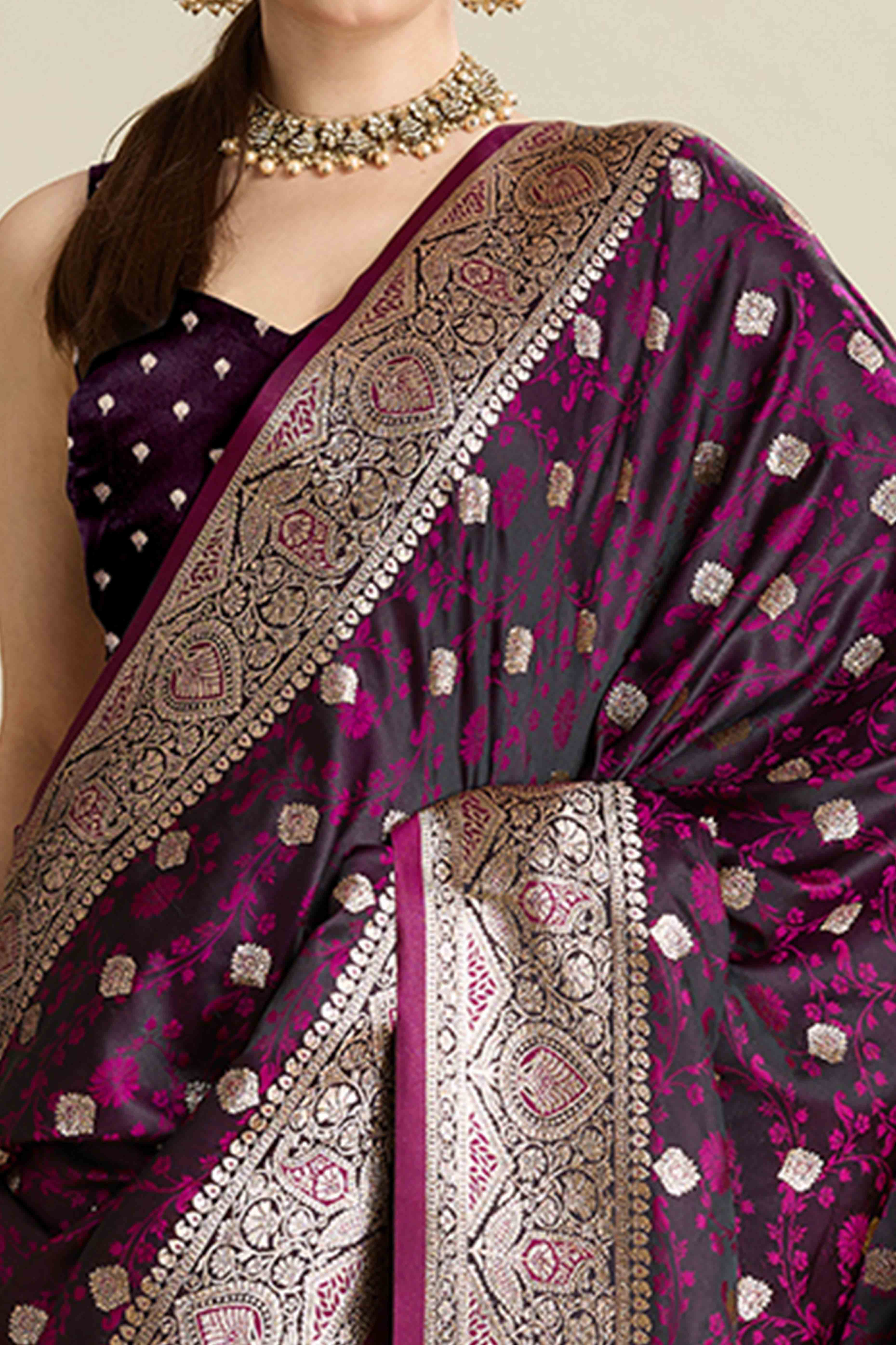 Wine Pure Silk Saree Featuring Traditional Banarasi Zari Weaving Patterns