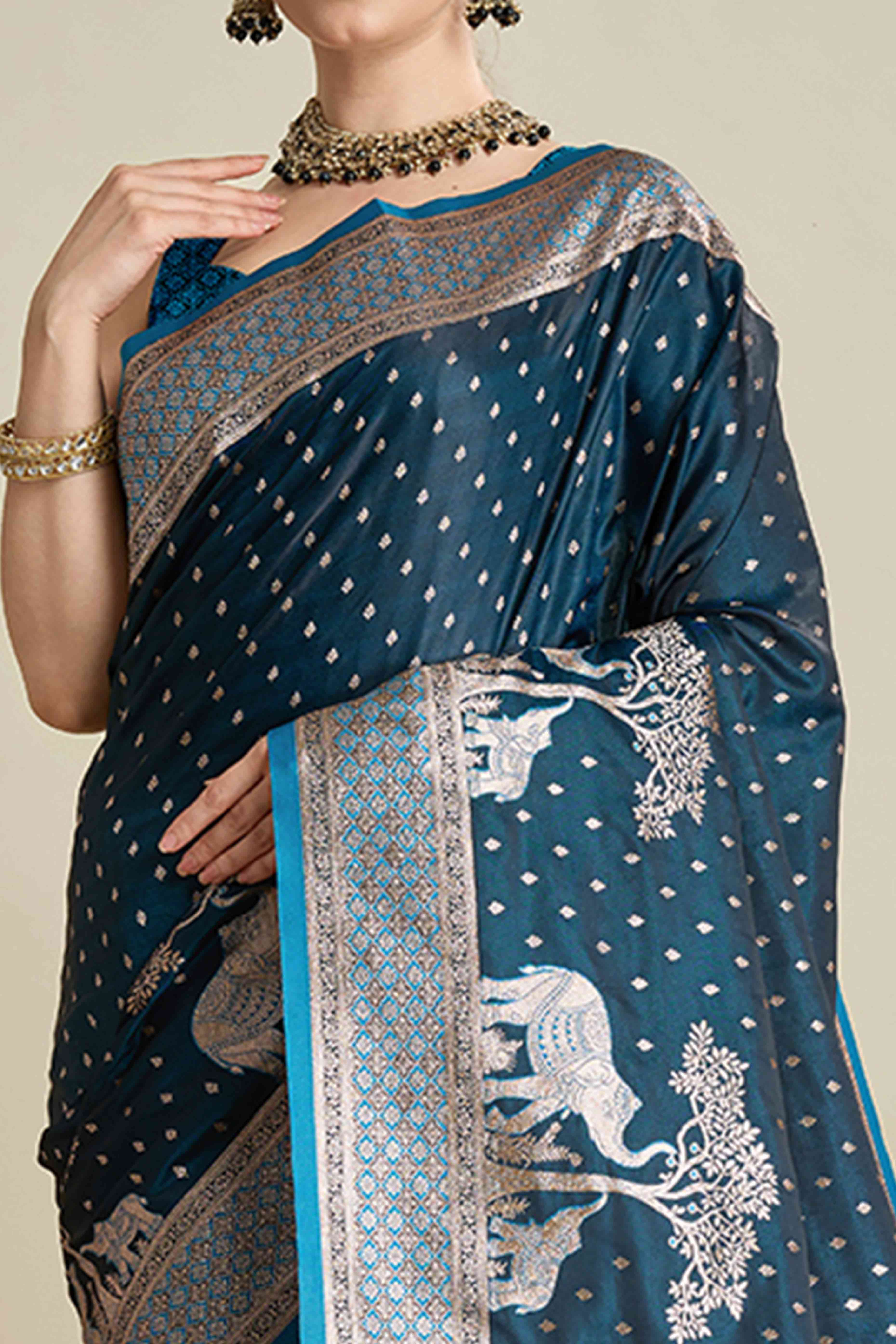 Blue Pure Silk Saree Featuring Traditional Banarasi Zari Weaving Patterns