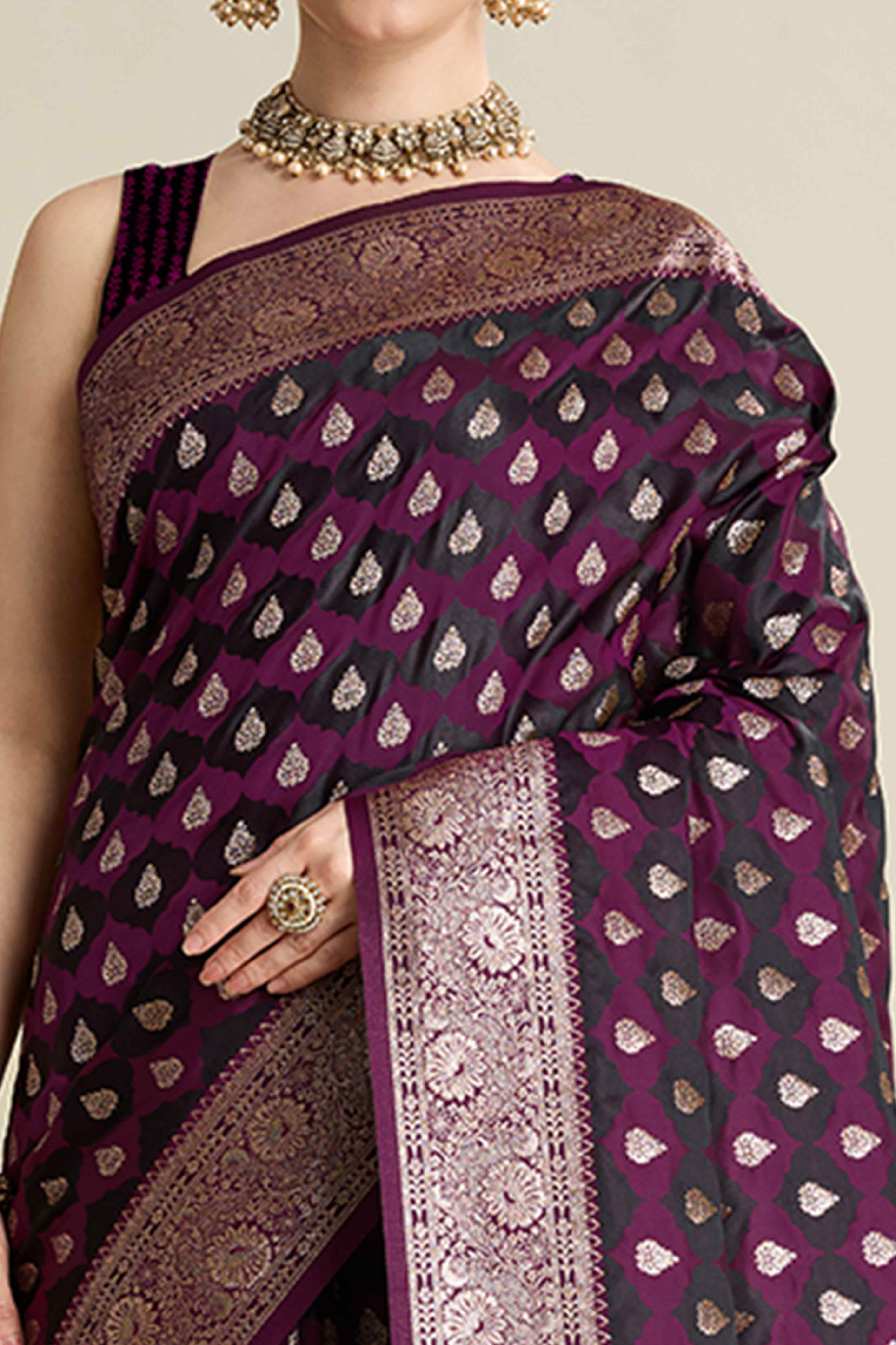 Wine Pure Silk Saree Featuring Traditional Banarasi Zari Weaving Patterns