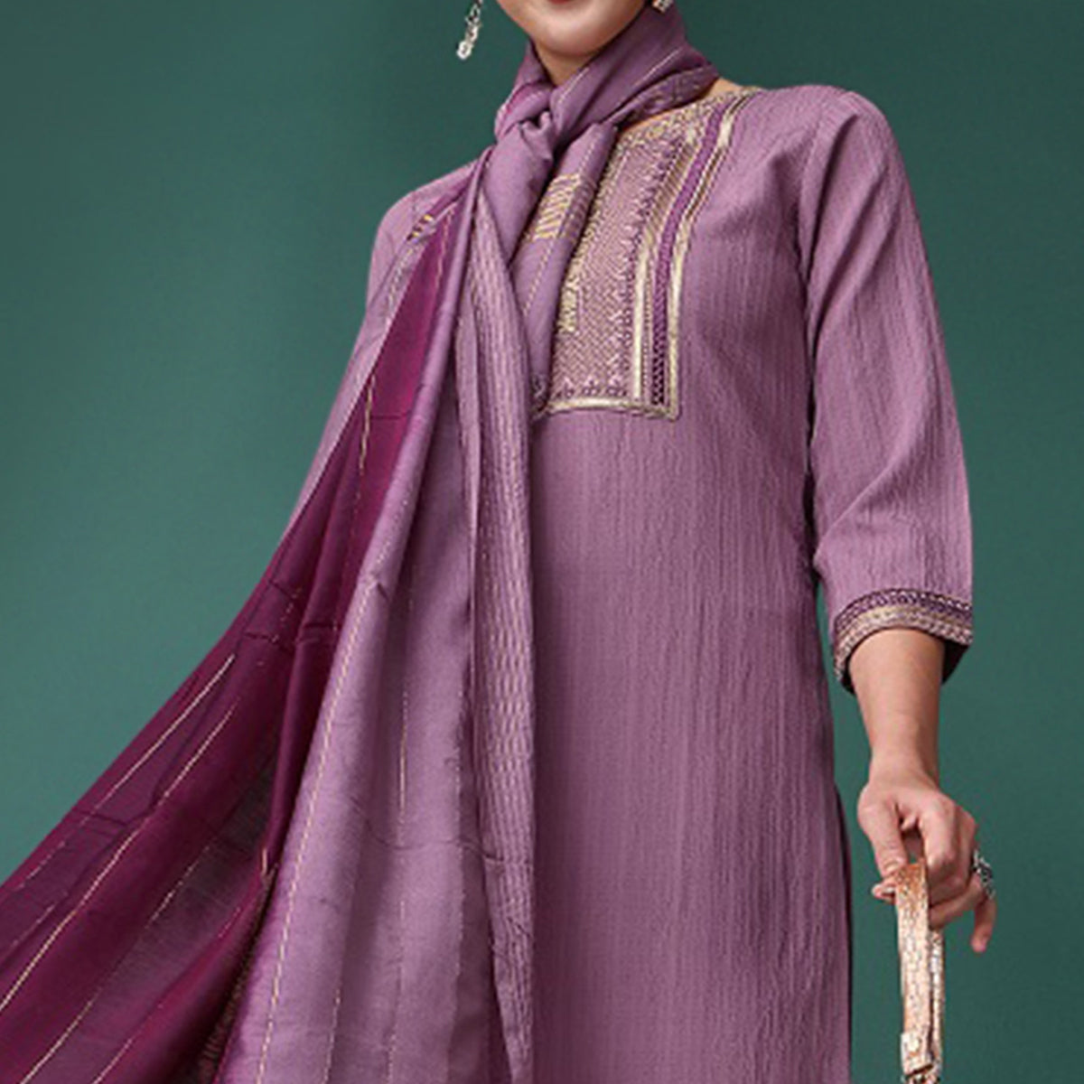 Purple Embroidered Cotton Silk Kurti Set