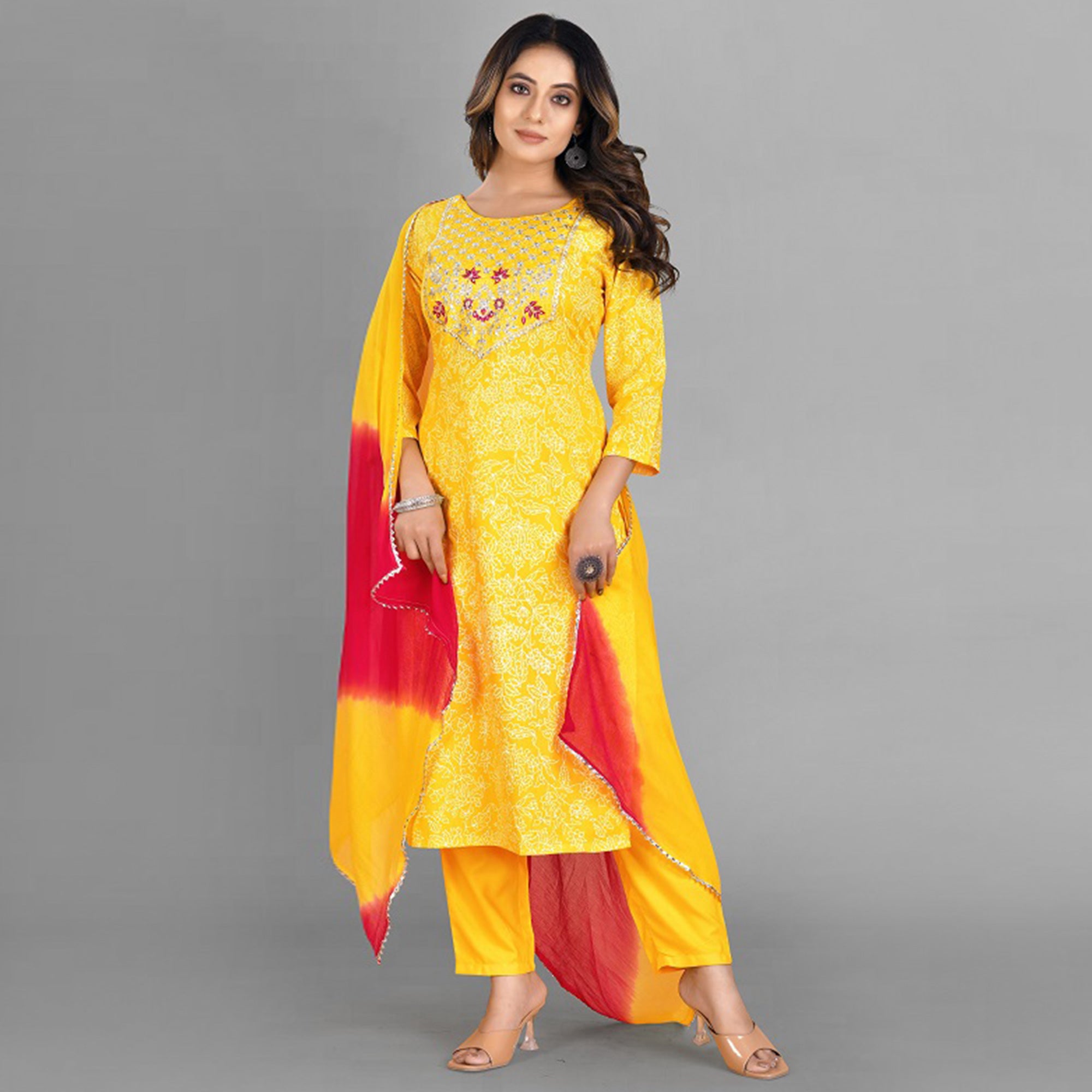 Yellow Embroidered Rayon Silk Kurti Set