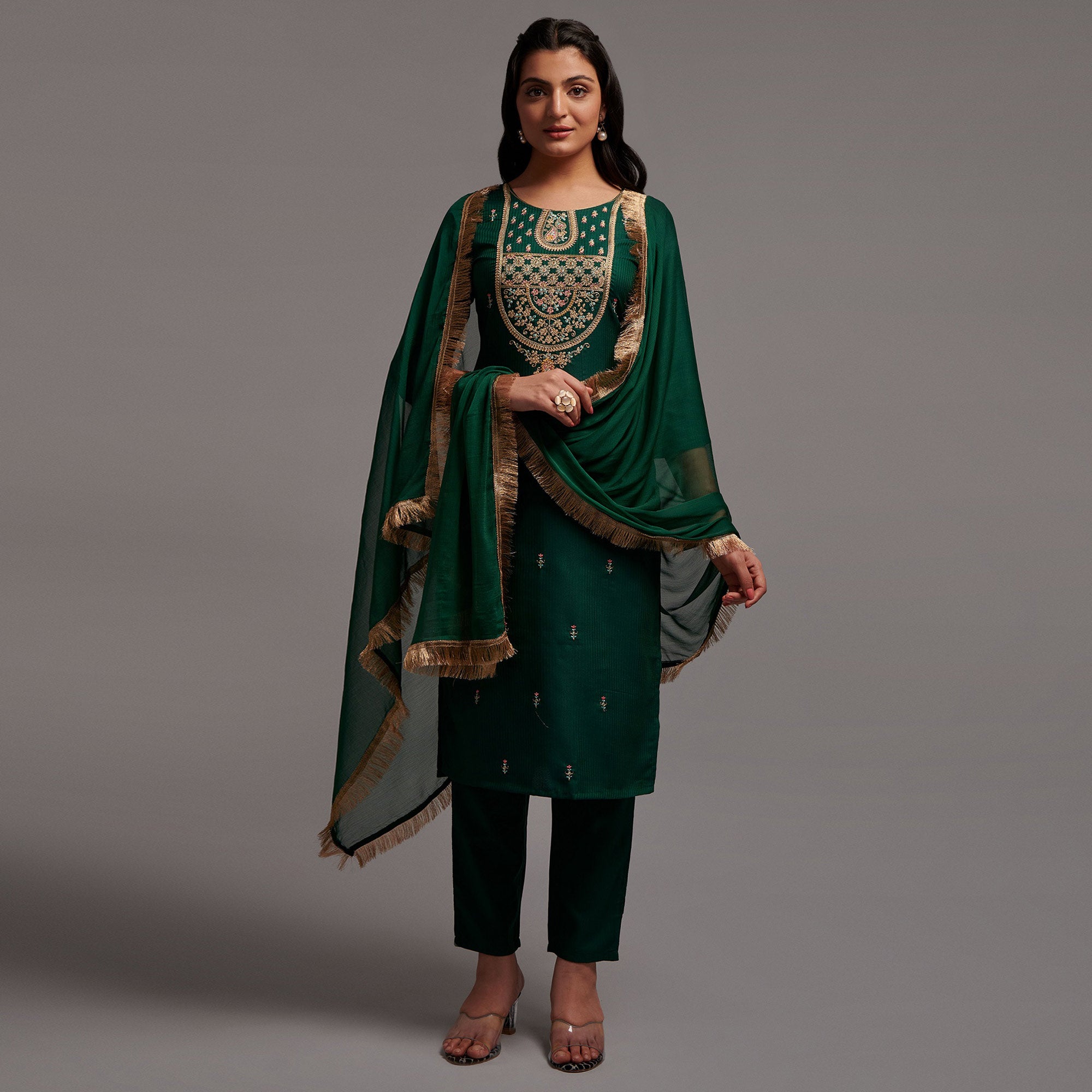 Green Floral Embroidered Viscose Kurti Set