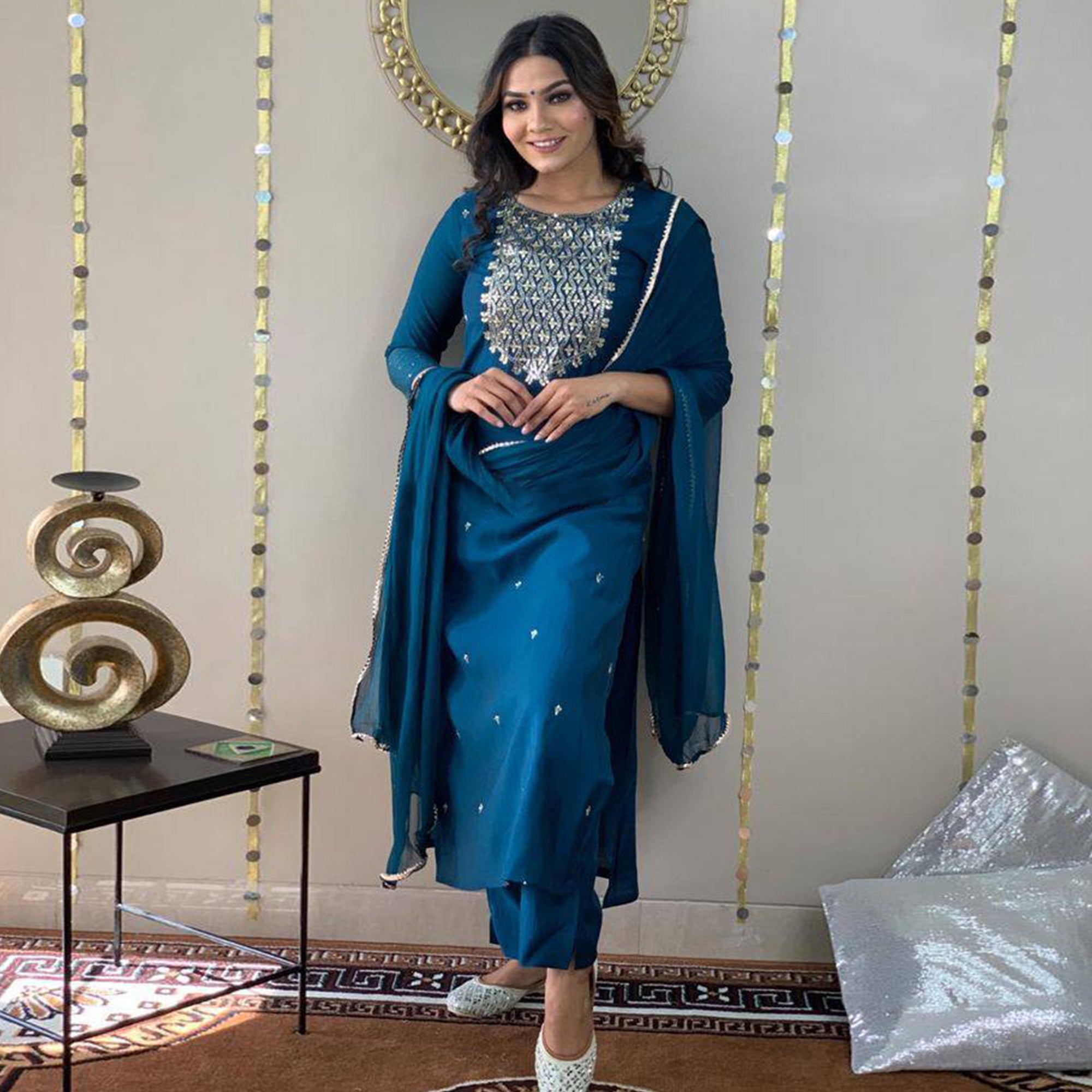 Blue Sequins Embroidered Rayon Kurti Set