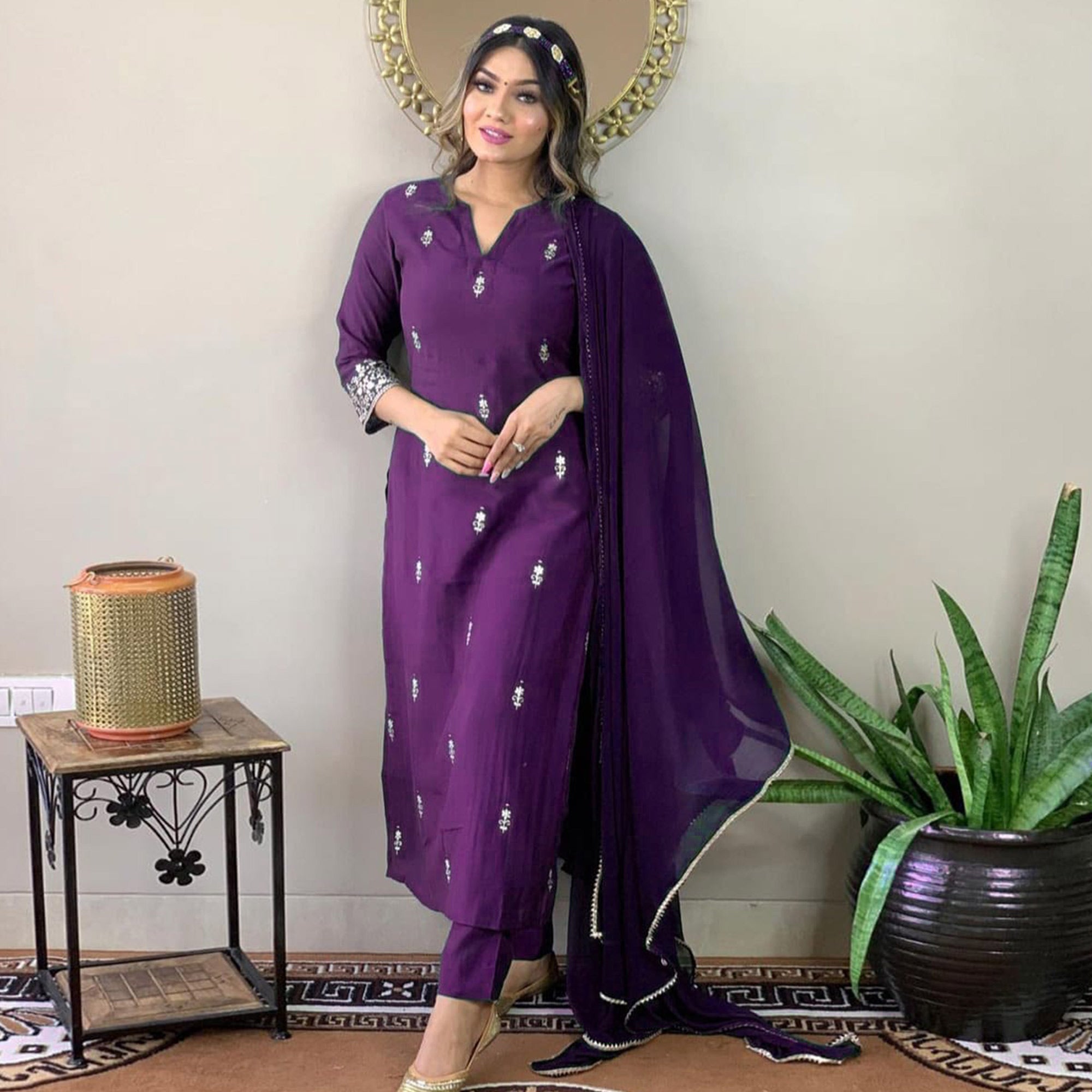 Purple Floral Embroidered Viscose Kurti Set