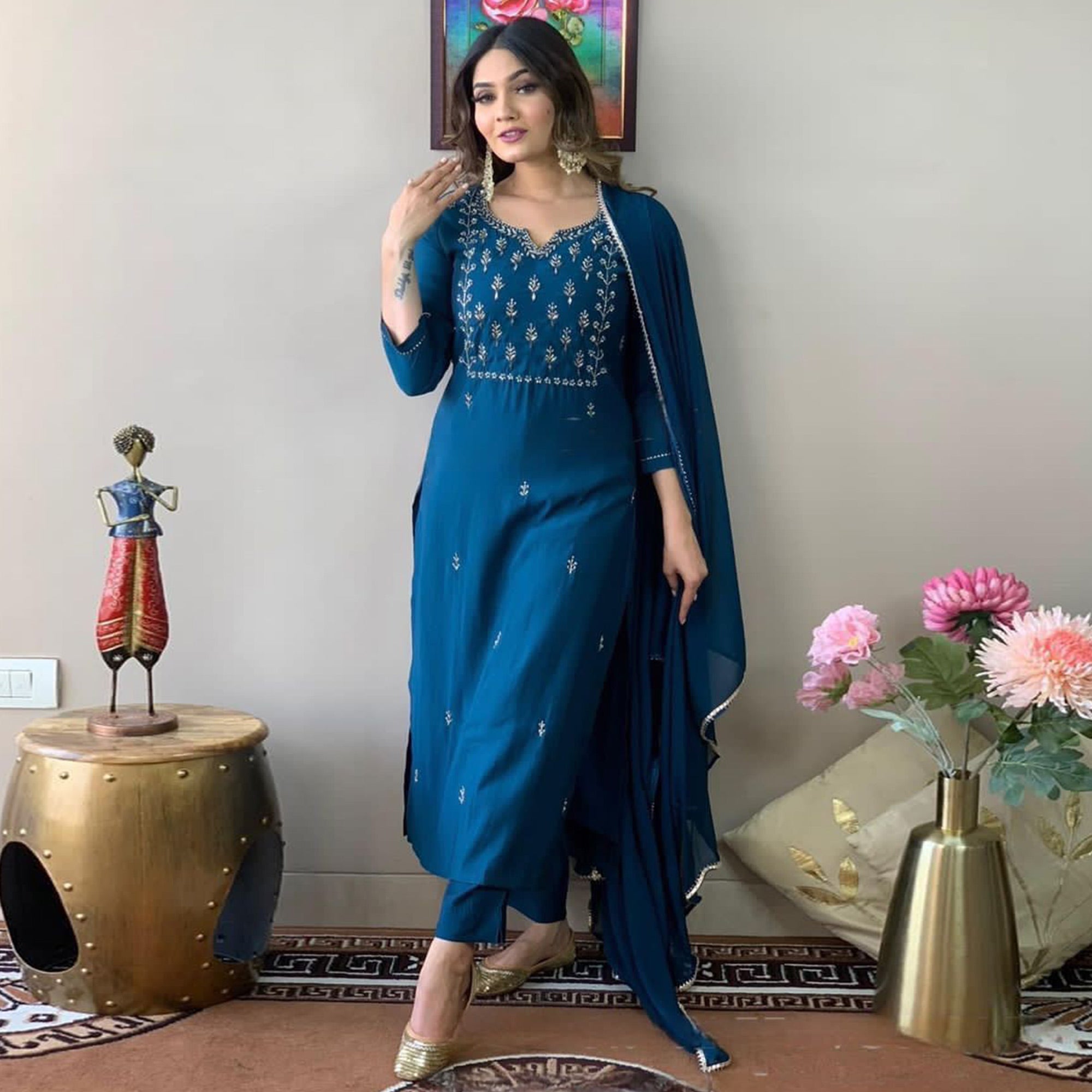 Blue Embroidered Rayon Suit