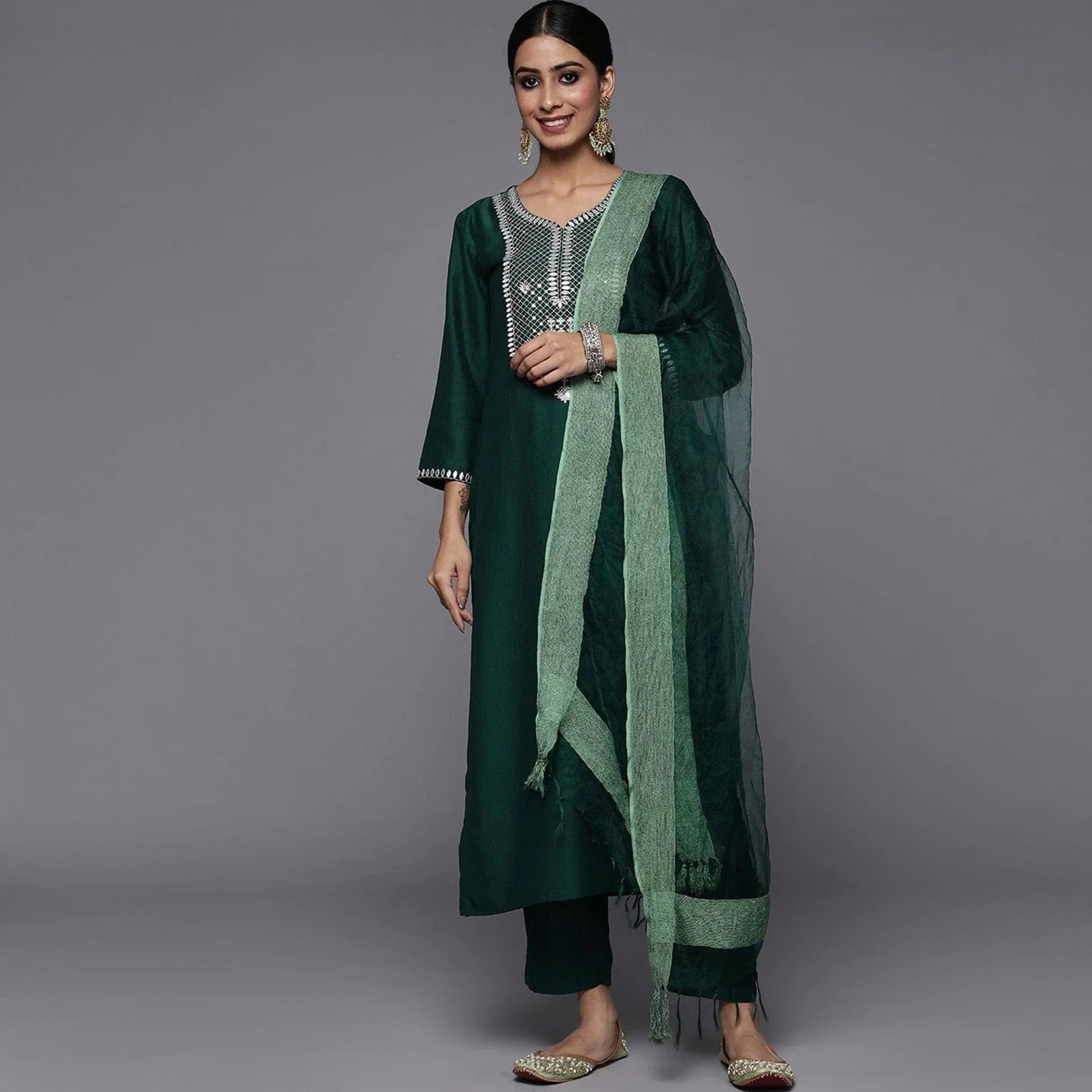 Green Embroidered Rayon Silk Kurti Set