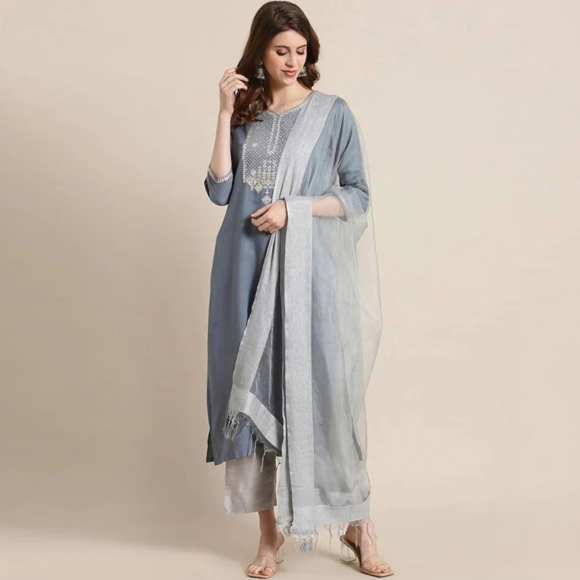 Grey Embroidered Rayon Silk Kurti Set