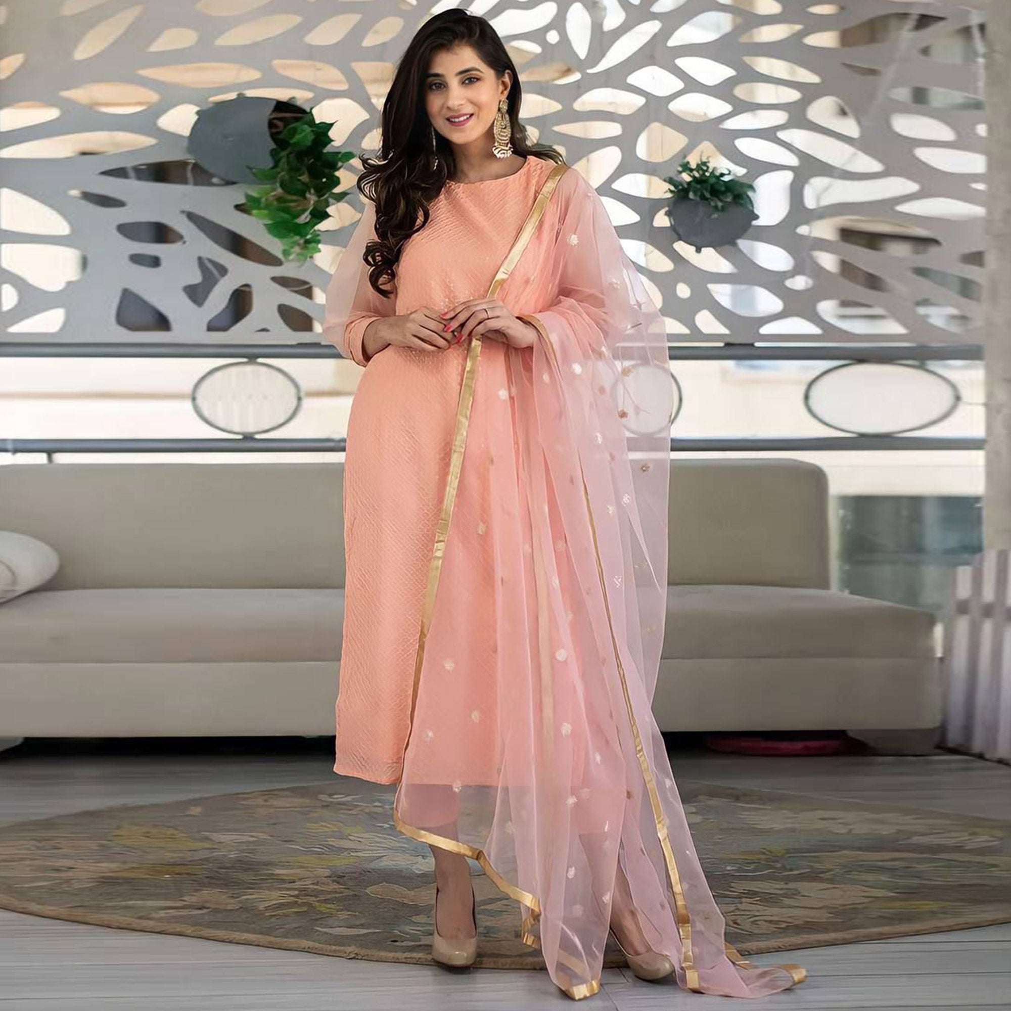 Peach Embroidered Rayon Silk Suit