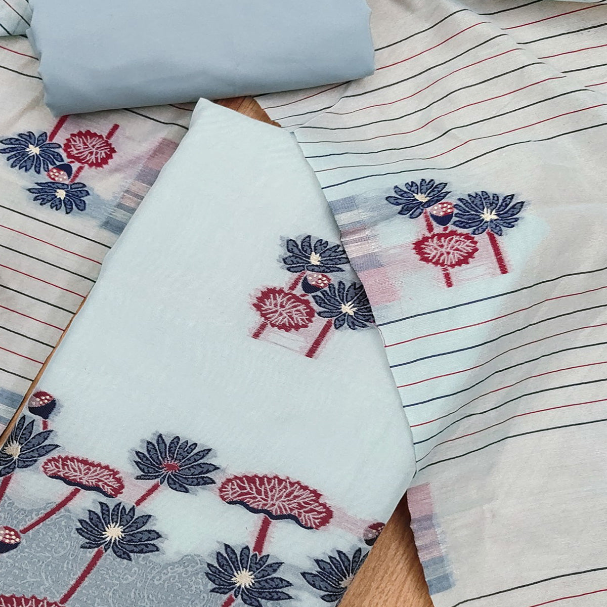 Grey Cotton Blend Dress Material With Intricate Floral Zari Weaving Detail