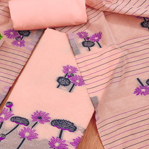 Peach Cotton Blend Dress Material With Intricate Floral Zari Weaving Detail