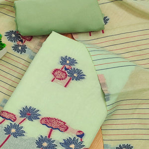 Pista Green Cotton Blend Dress Material With Intricate Floral Zari Weaving Detail