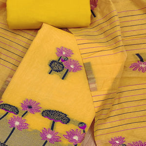Yellow Cotton Blend Dress Material With Intricate Floral Zari Weaving Detail