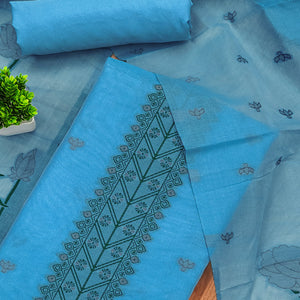 Blue Ethnic Dress Material Showcasing Handloom Style Floral Zari Weaving