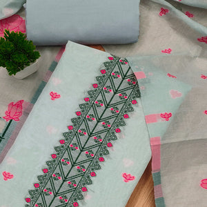 Grey Ethnic Dress Material Showcasing Handloom Style Floral Zari Weaving