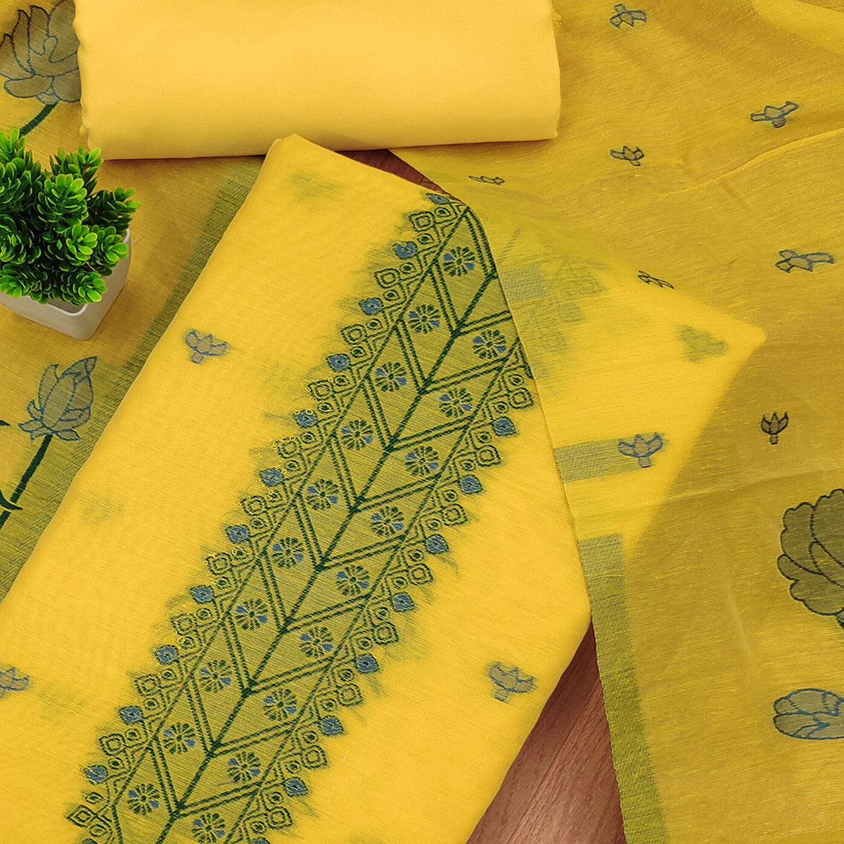 Yellow Ethnic Dress Material Showcasing Handloom Style Floral Zari Weaving