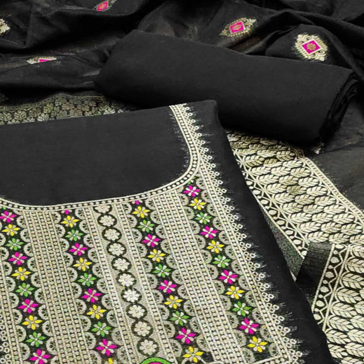 Black Floral Woven Chanderi Dress Material