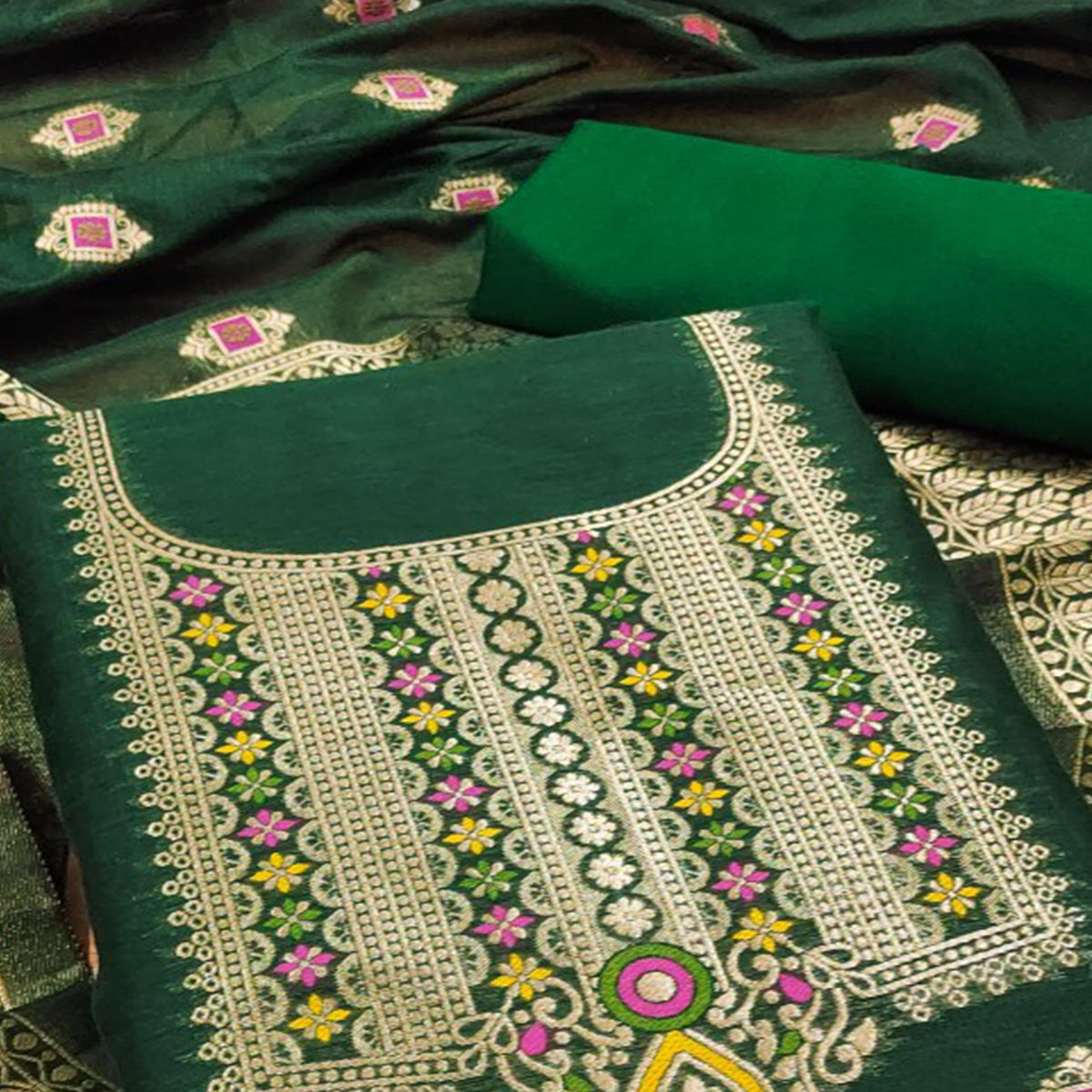 Green Floral Woven Chanderi Dress Material