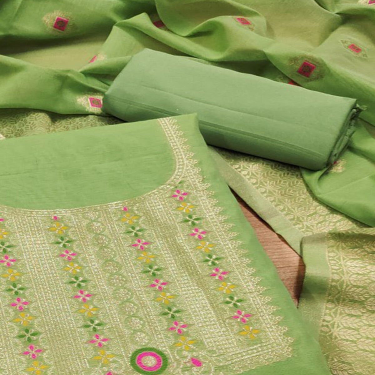 Light Green Floral Woven Chanderi Dress Material