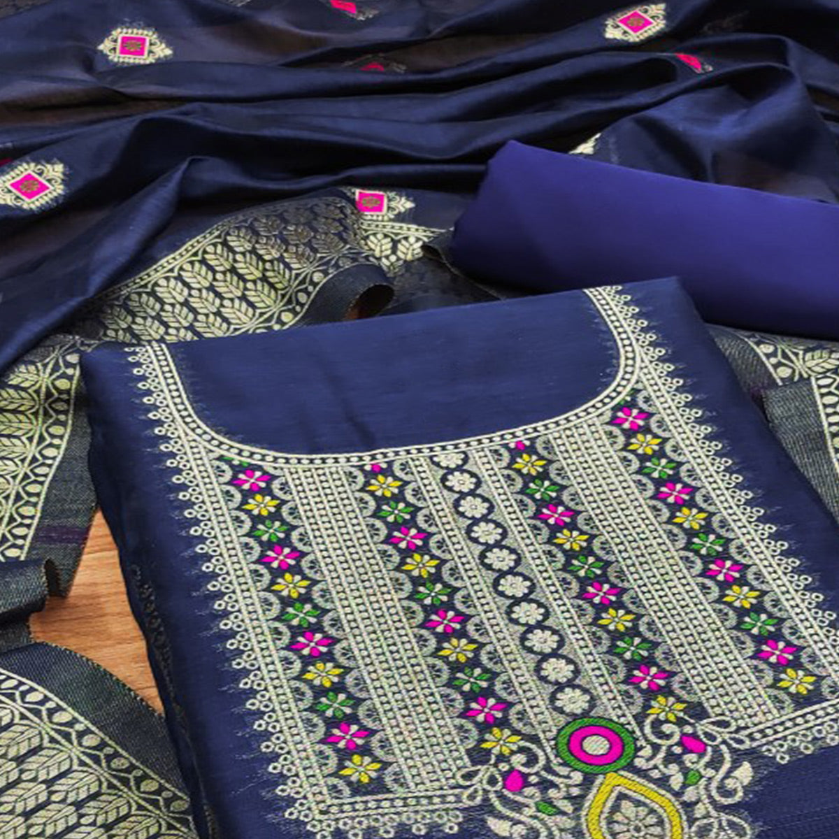 Navy Blue Floral Woven Chanderi Dress Material