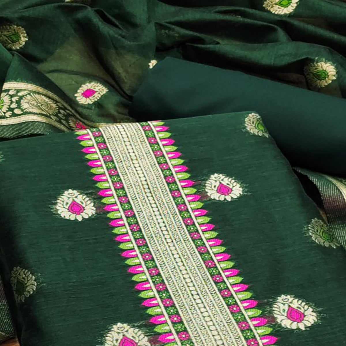 Bottle Green Floral Woven Chanderi Dress Material