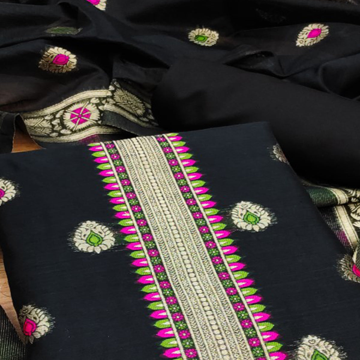 Black Floral Woven Chanderi Dress Material