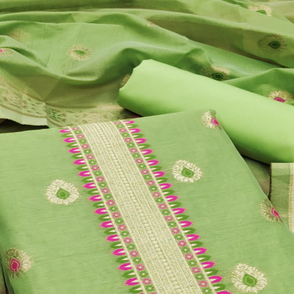 Light Green Floral Woven Chanderi Dress Material