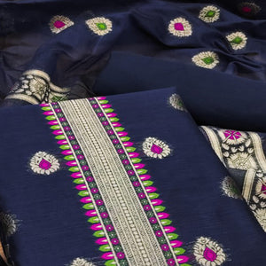 Navy Blue Floral Woven Chanderi Dress Material