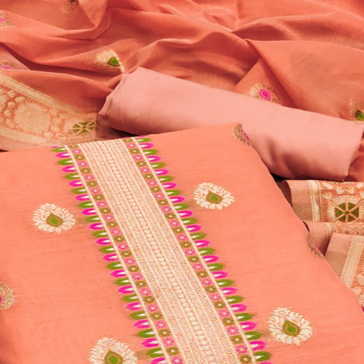 Peach Floral Woven Chanderi Dress Material