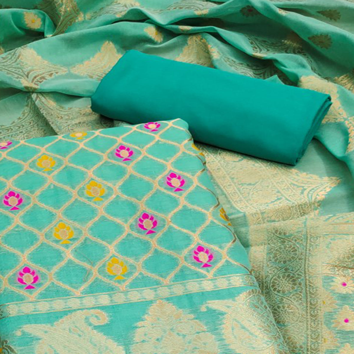 Rama Green Woven Chanderi Dress Material