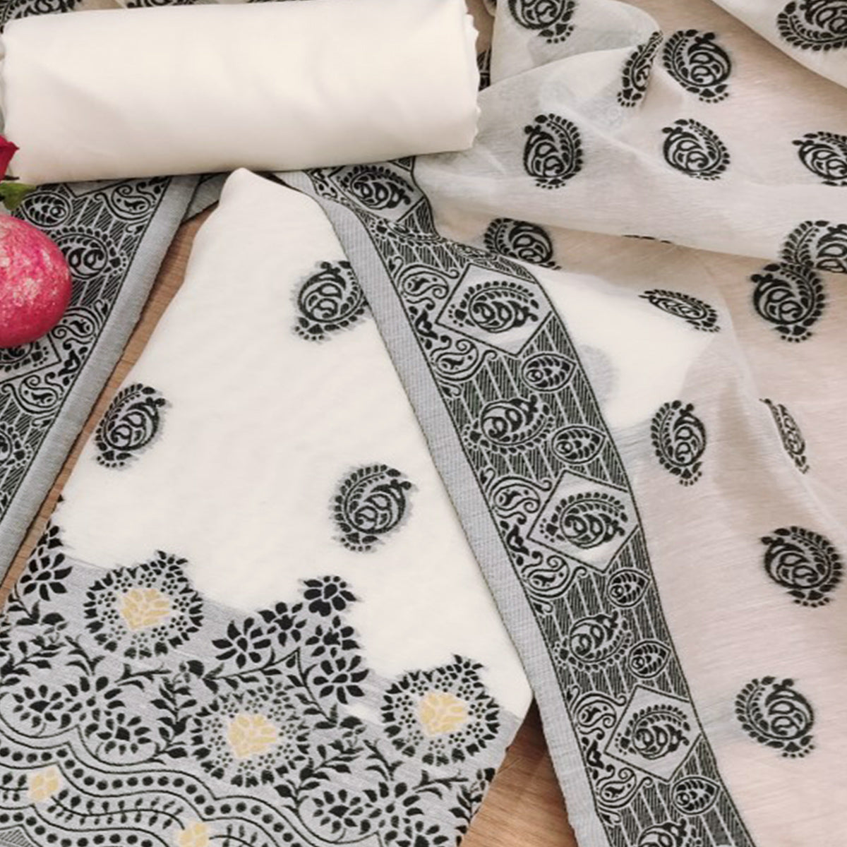 Offwhite & Black Floral Woven Chanderi Dress Material