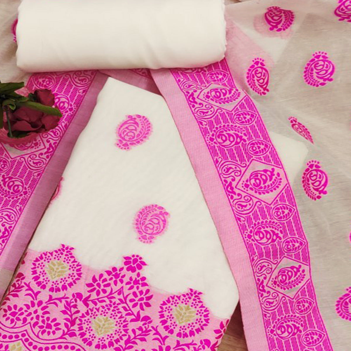 Offwhite & Pink Floral Woven Chanderi Dress Material