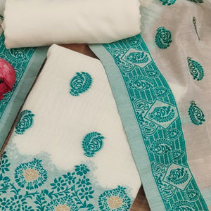 Offwhite & Teal Floral Woven Chanderi Dress Material